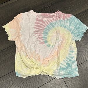 AMERICAN EAGLE COLOURFUL TIE-DYE KNOTTED CROPPED CRINKLED SLEEVES TEE SHIRT
